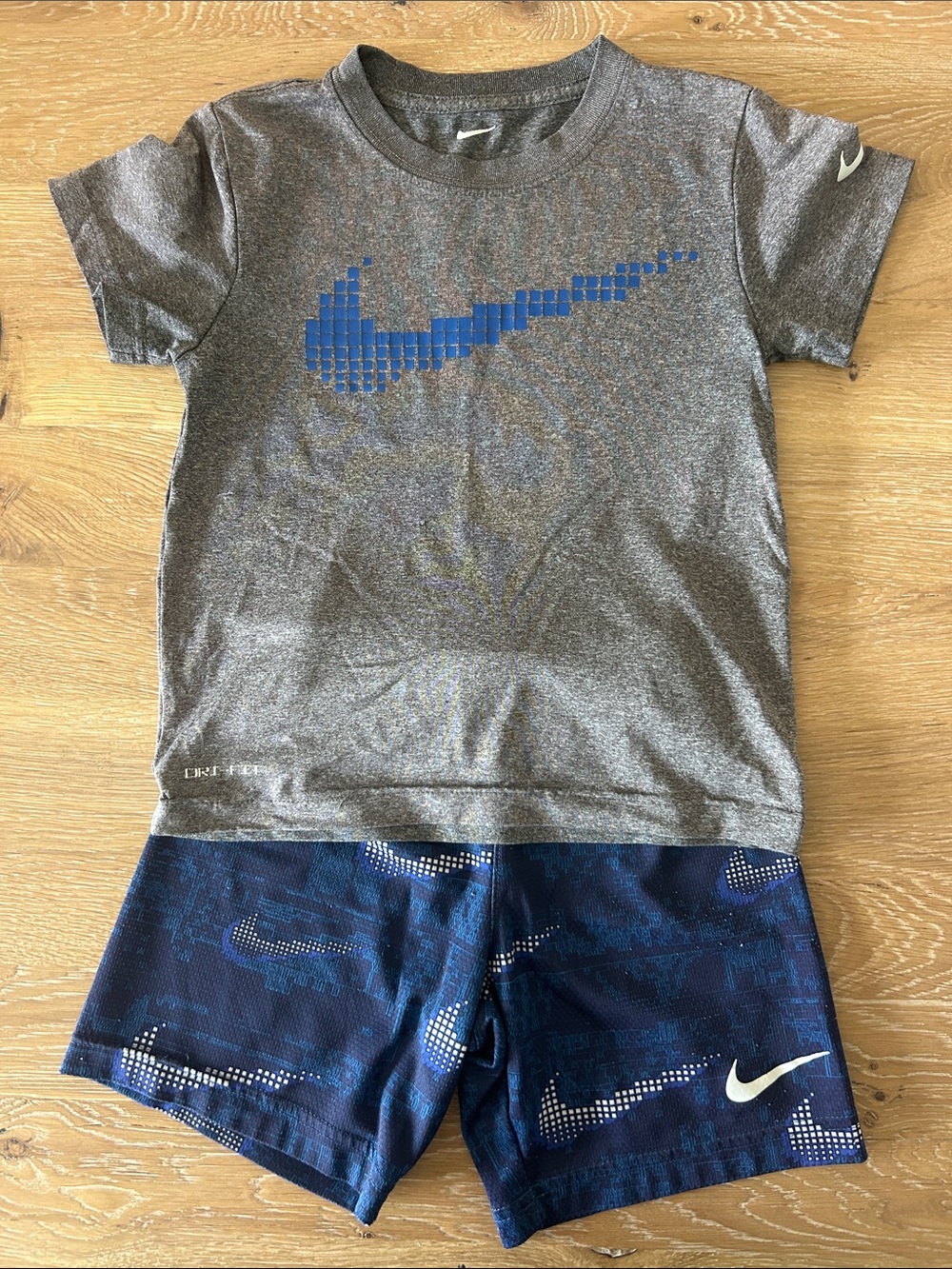 Nike Gray Tee with Blue Pixel Swoosh & Navy Shorts